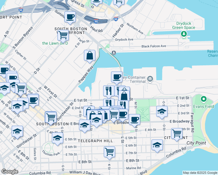 map of restaurants, bars, coffee shops, grocery stores, and more near 22 Elkins Street in Boston
