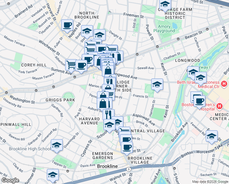 map of restaurants, bars, coffee shops, grocery stores, and more near 36 Alton Place in Brookline