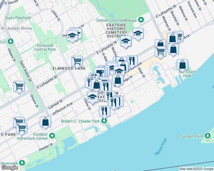 map of restaurants, bars, coffee shops, grocery stores, and more near 2910 East Jefferson in Detroit