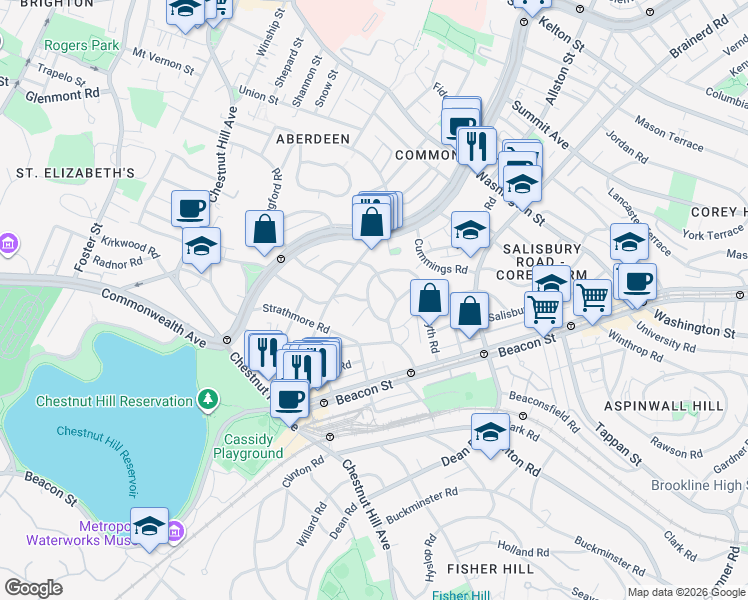 map of restaurants, bars, coffee shops, grocery stores, and more near 16 Lanark Road in Boston