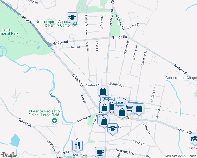 map of restaurants, bars, coffee shops, grocery stores, and more near 19 Lake Street in Northampton