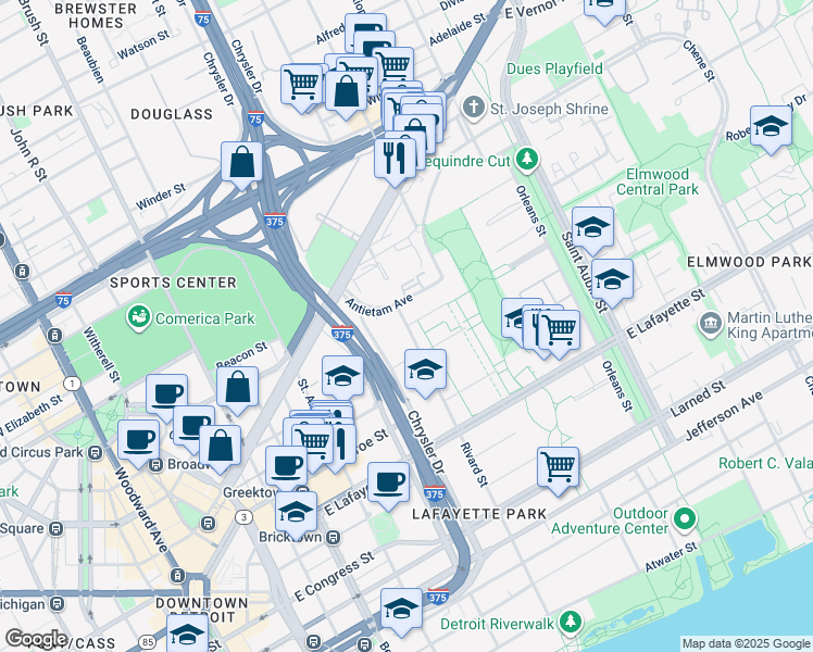 map of restaurants, bars, coffee shops, grocery stores, and more near 2 Lafayette Plaisance Street in Detroit