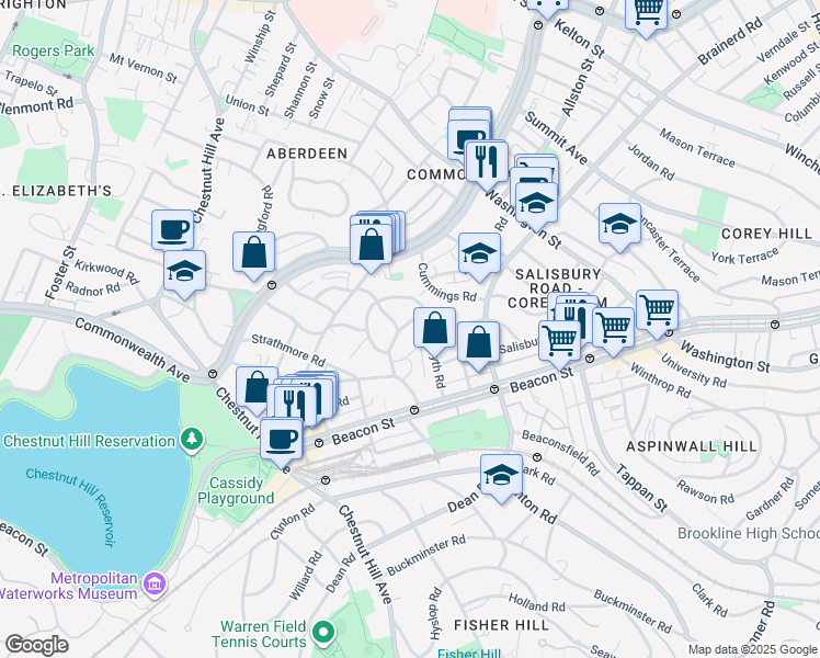 map of restaurants, bars, coffee shops, grocery stores, and more near 38 Kilsyth Road in Brookline