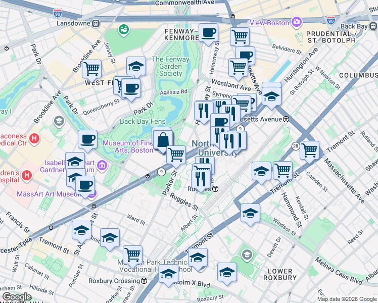 map of restaurants, bars, coffee shops, grocery stores, and more near 409 Huntington Avenue in Boston