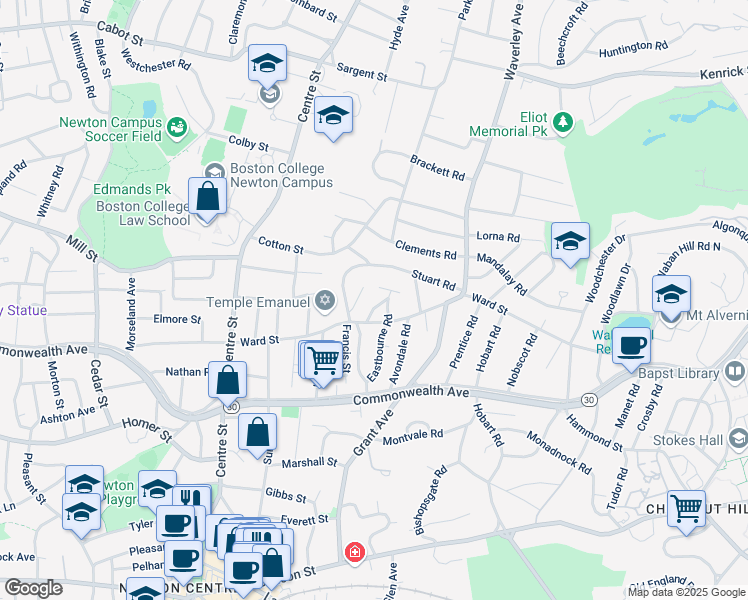 map of restaurants, bars, coffee shops, grocery stores, and more near 27 Coolidge Road in Newton