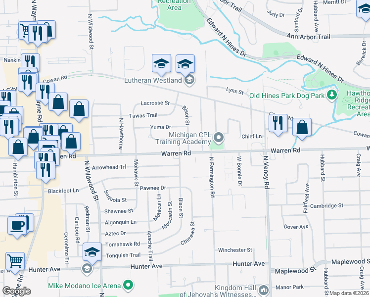 map of restaurants, bars, coffee shops, grocery stores, and more near 33599 Warren Road in Westland