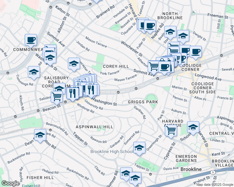 map of restaurants, bars, coffee shops, grocery stores, and more near 1535 Beacon Street in Brookline