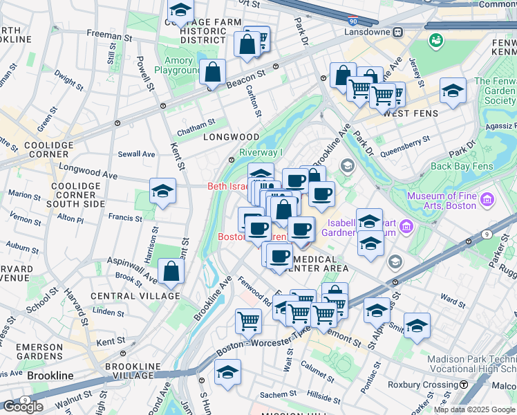 map of restaurants, bars, coffee shops, grocery stores, and more near 375 Longwood Avenue in Boston