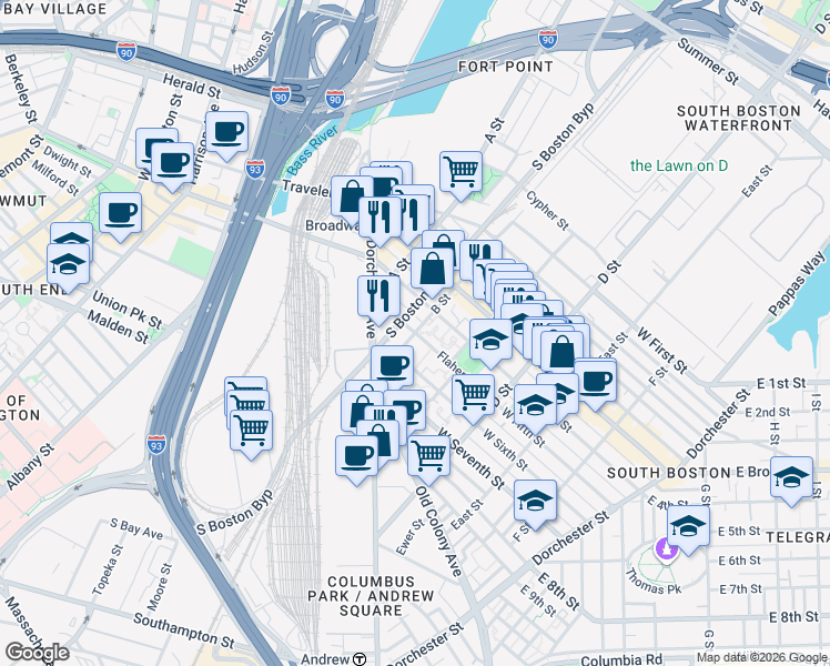 map of restaurants, bars, coffee shops, grocery stores, and more near 75 Flaherty Way in Boston