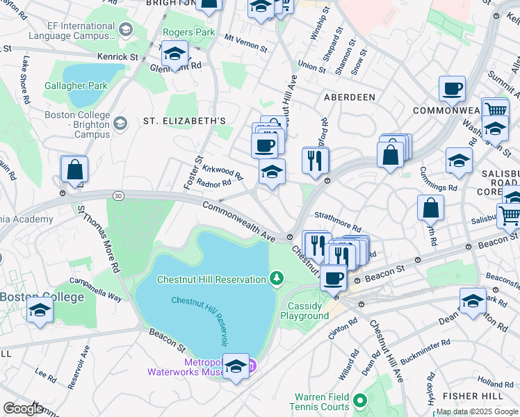 map of restaurants, bars, coffee shops, grocery stores, and more near 1931 Commonwealth Avenue in Boston