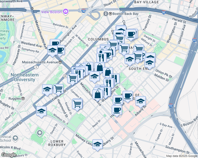 map of restaurants, bars, coffee shops, grocery stores, and more near 57 Worcester Street in Boston