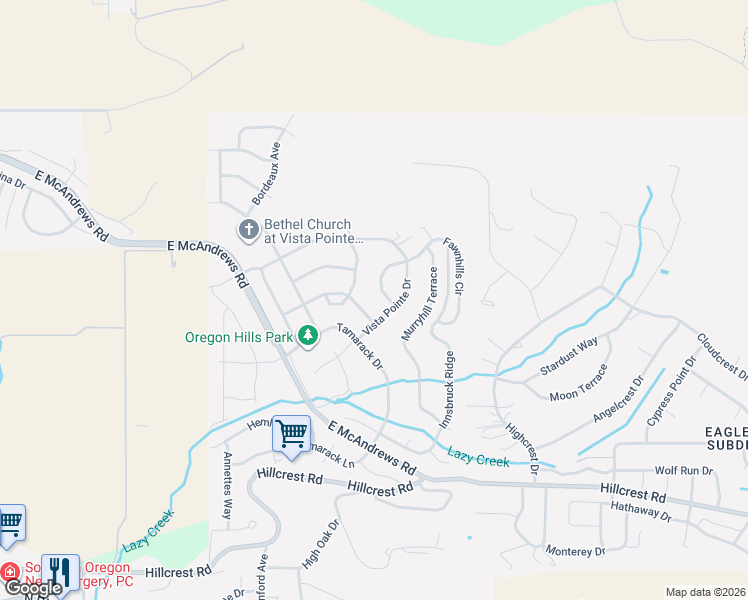 map of restaurants, bars, coffee shops, grocery stores, and more near 4359 Navarro Springs Avenue in Medford
