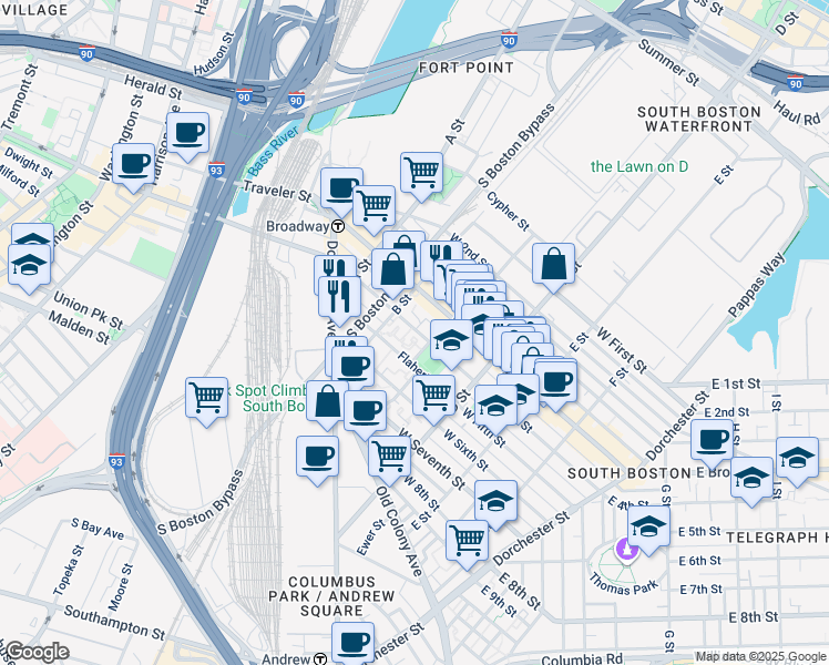 map of restaurants, bars, coffee shops, grocery stores, and more near 23 Saint Casimir Street in Boston