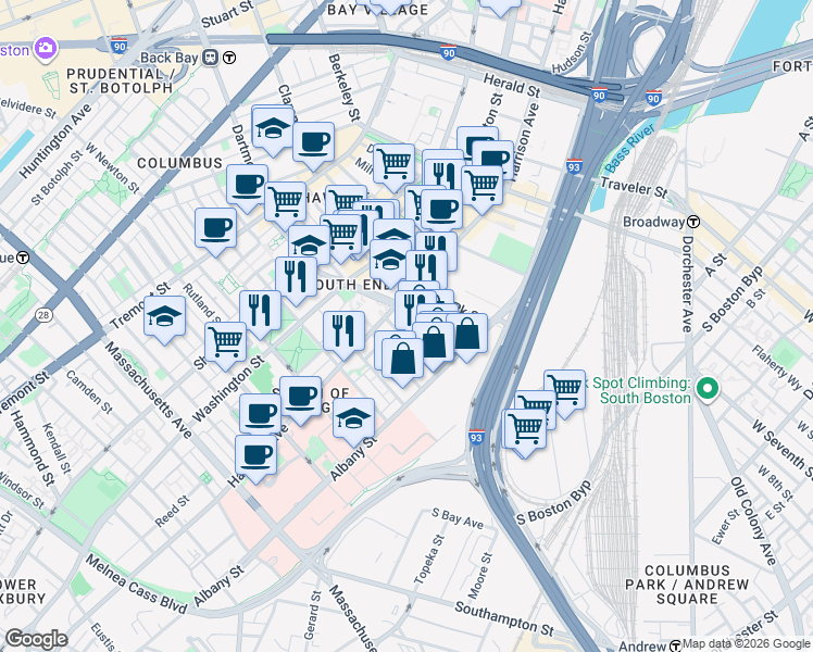 map of restaurants, bars, coffee shops, grocery stores, and more near 32 Plympton Street in Boston