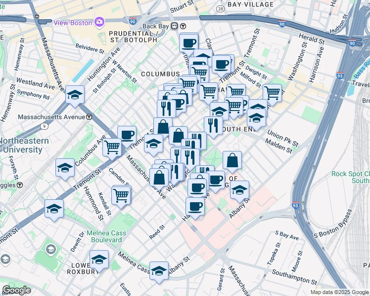 map of restaurants, bars, coffee shops, grocery stores, and more near in Boston