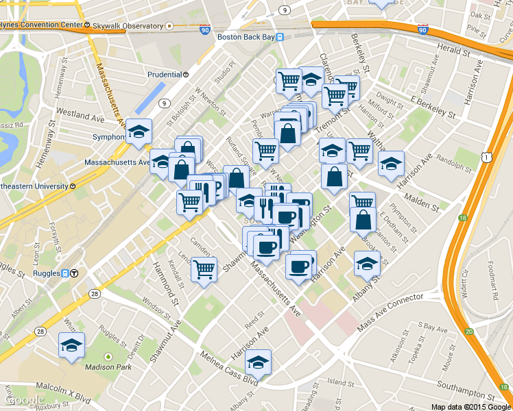 map of restaurants, bars, coffee shops, grocery stores, and more near 57 Worcester Street in Boston