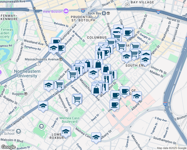 map of restaurants, bars, coffee shops, grocery stores, and more near 57 Worcester Street in Boston