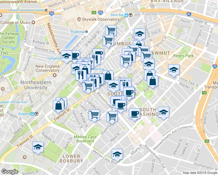 map of restaurants, bars, coffee shops, grocery stores, and more near in Boston