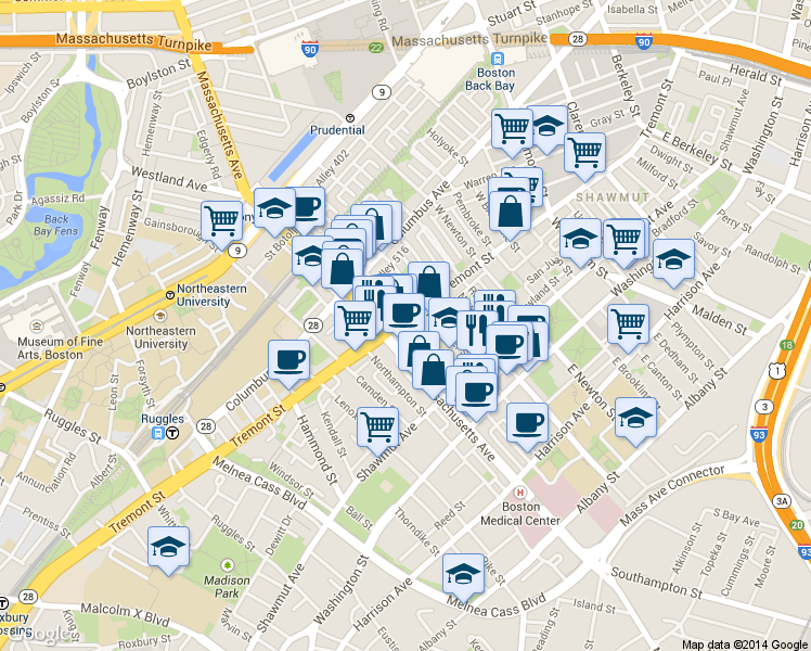map of restaurants, bars, coffee shops, grocery stores, and more near in Boston