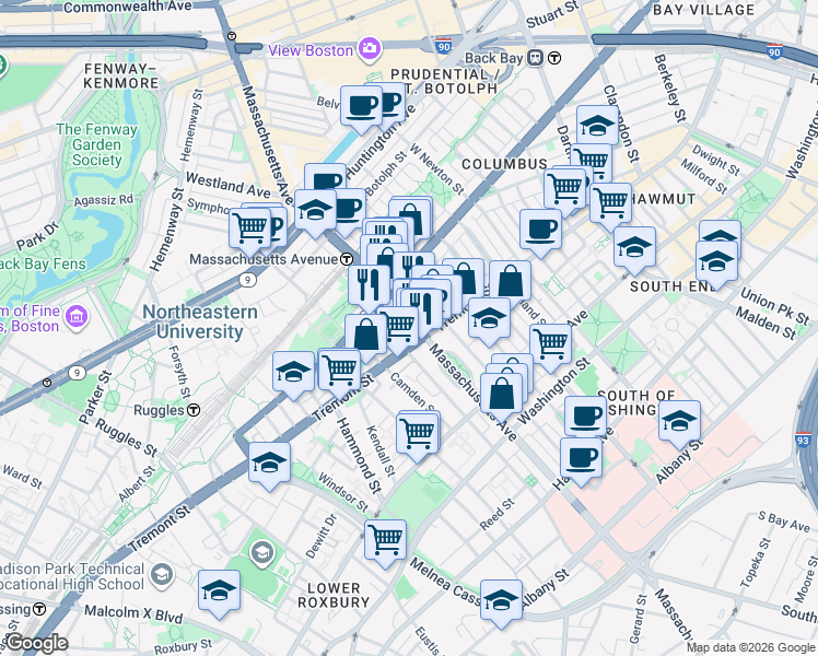 map of restaurants, bars, coffee shops, grocery stores, and more near in Boston