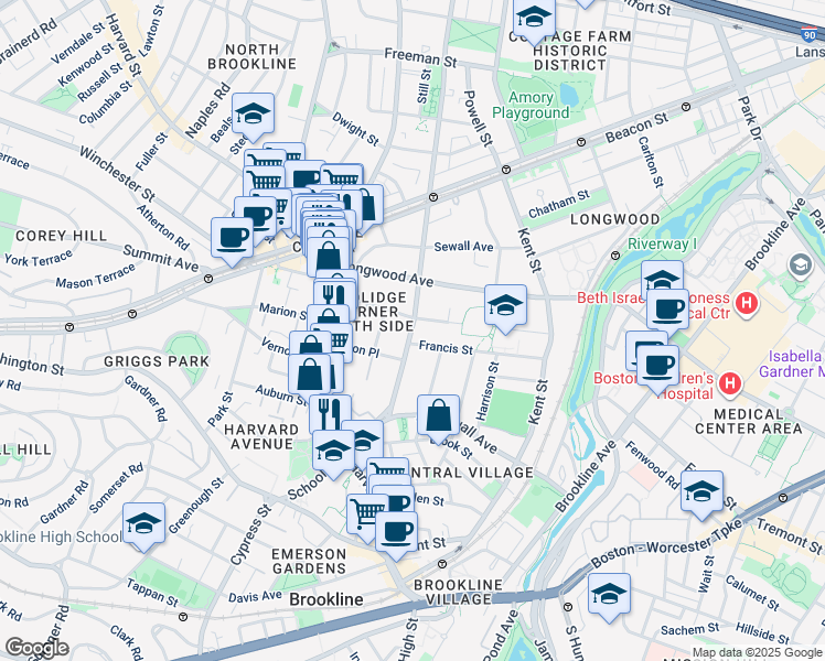 map of restaurants, bars, coffee shops, grocery stores, and more near 65 Saint Paul Street in Brookline