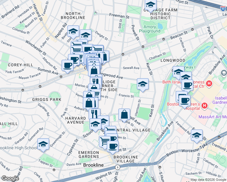 map of restaurants, bars, coffee shops, grocery stores, and more near 65 Saint Paul Street in Brookline