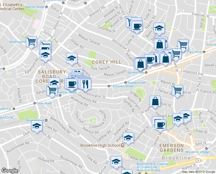 map of restaurants, bars, coffee shops, grocery stores, and more near in Brookline