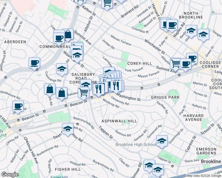 map of restaurants, bars, coffee shops, grocery stores, and more near in Brookline