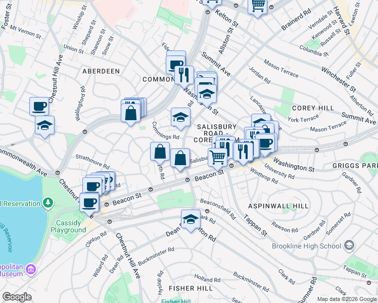 map of restaurants, bars, coffee shops, grocery stores, and more near 121 Salisbury Road in Brookline