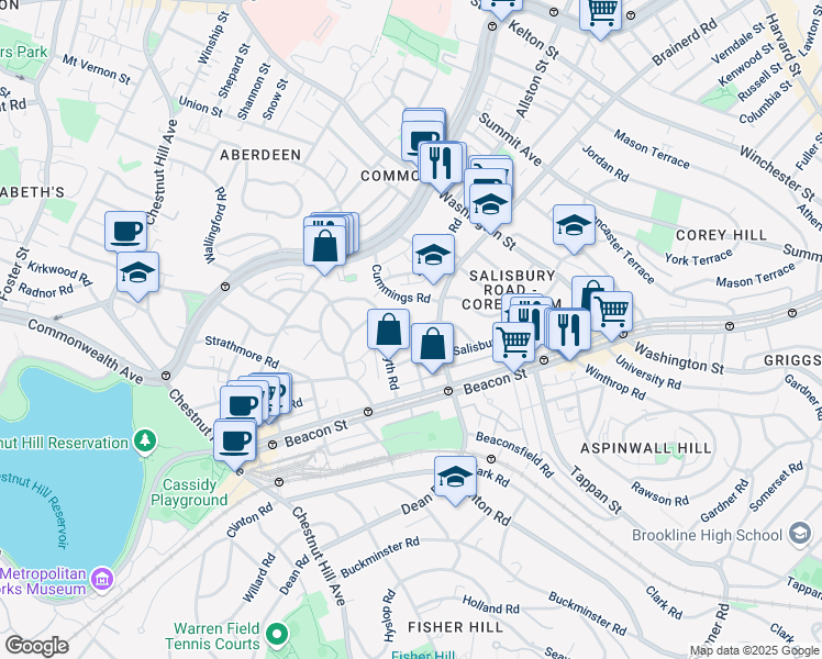 map of restaurants, bars, coffee shops, grocery stores, and more near 145 Salisbury Road in Brookline