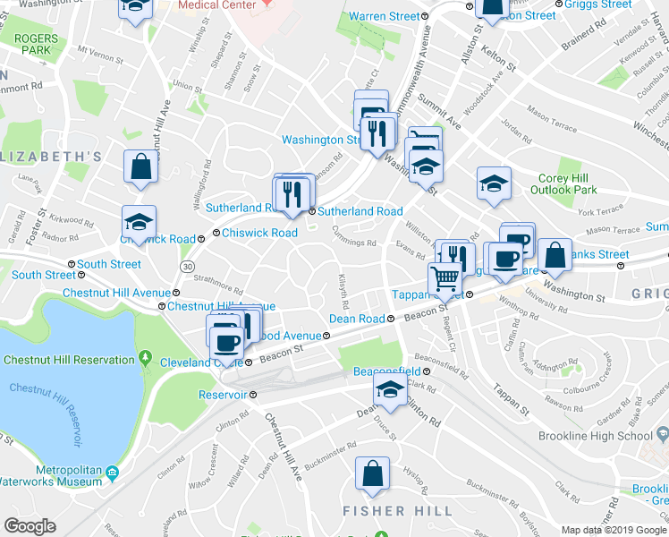 map of restaurants, bars, coffee shops, grocery stores, and more near 38 Kilsyth Road in Brookline
