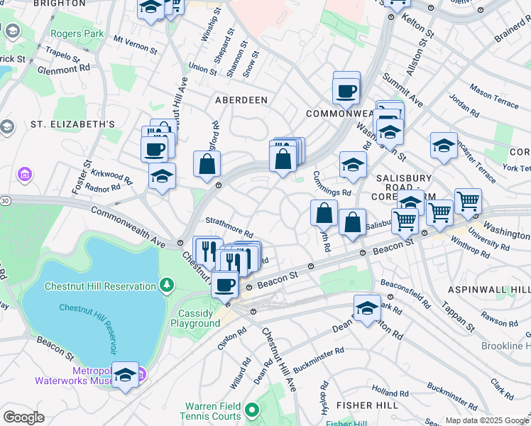 map of restaurants, bars, coffee shops, grocery stores, and more near 9 Kilsyth Terrace in Boston
