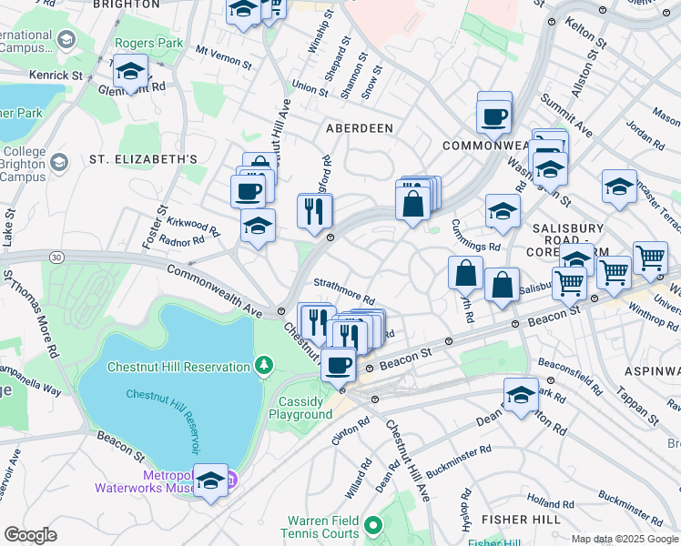 map of restaurants, bars, coffee shops, grocery stores, and more near 104 Strathmore Road in Boston