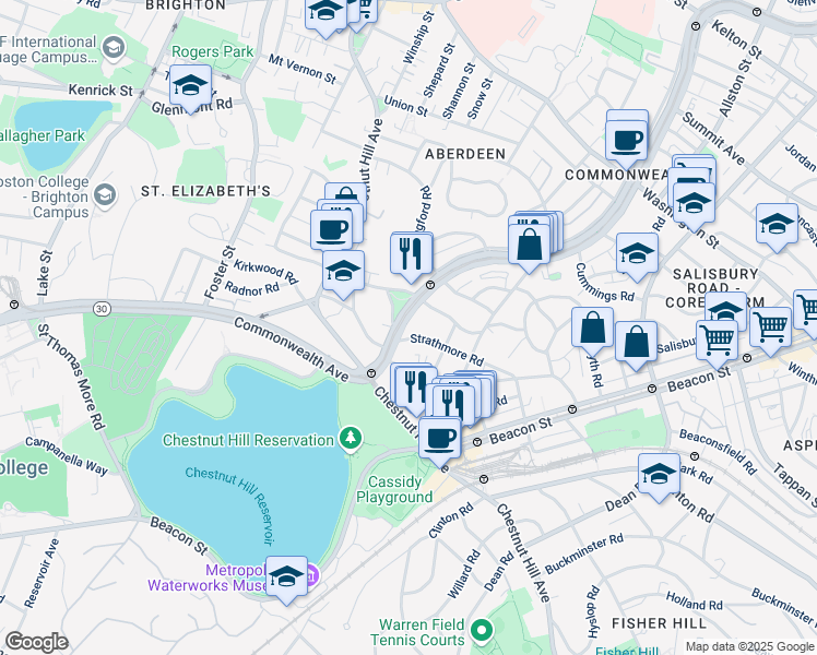 map of restaurants, bars, coffee shops, grocery stores, and more near 104 Strathmore Road in Boston