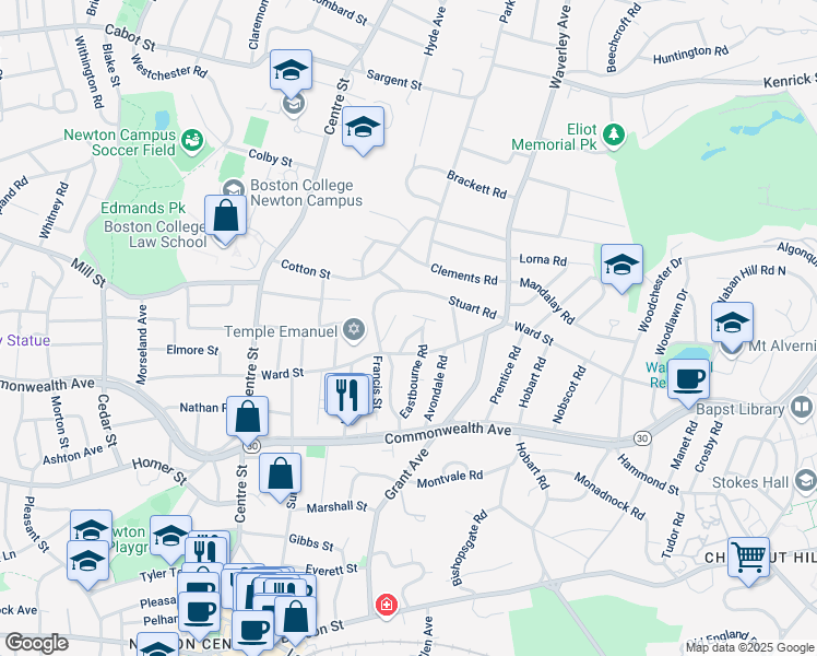 map of restaurants, bars, coffee shops, grocery stores, and more near 27 Coolidge Road in Newton