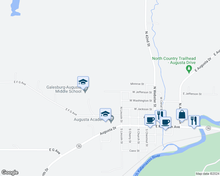 map of restaurants, bars, coffee shops, grocery stores, and more near 500 West Jefferson Street in Augusta