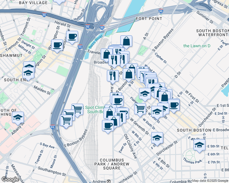 map of restaurants, bars, coffee shops, grocery stores, and more near 2 West Sixth Street in Boston