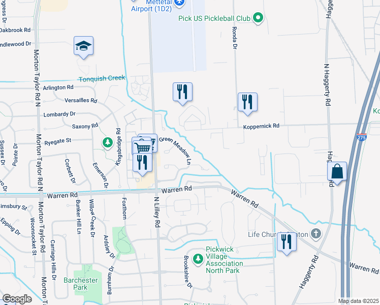 map of restaurants, bars, coffee shops, grocery stores, and more near 7412 Green Meadow Lane in Canton