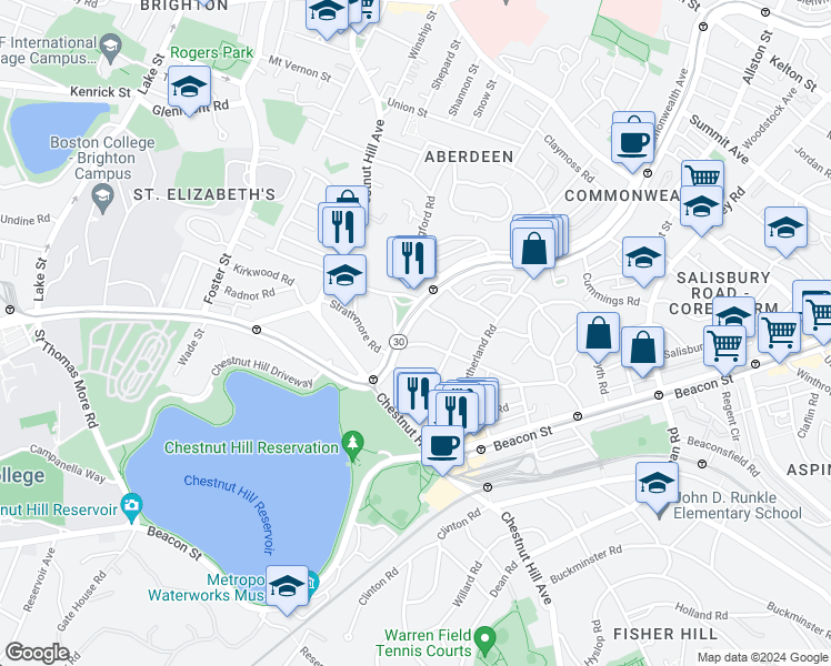 map of restaurants, bars, coffee shops, grocery stores, and more near 104 Strathmore Road in Boston