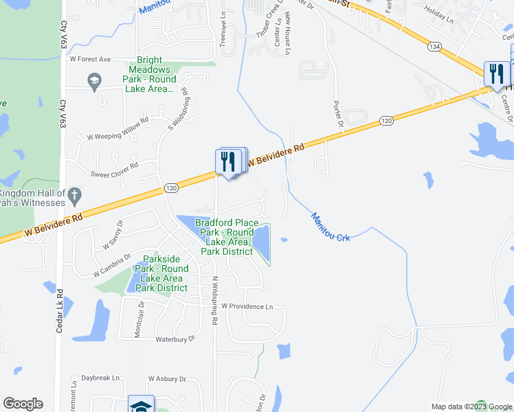 map of restaurants, bars, coffee shops, grocery stores, and more near 99 West Buckingham Drive in Round Lake