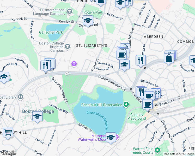 map of restaurants, bars, coffee shops, grocery stores, and more near 2000 Commonwealth Avenue in Boston