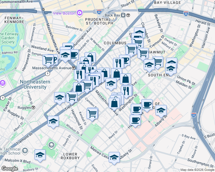 map of restaurants, bars, coffee shops, grocery stores, and more near in Boston