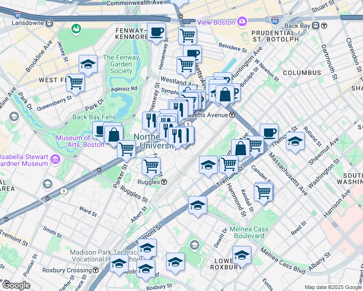 map of restaurants, bars, coffee shops, grocery stores, and more near 360 Huntington Avenue in Boston