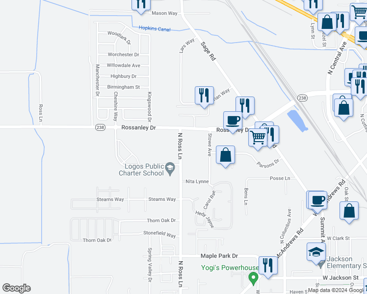 map of restaurants, bars, coffee shops, grocery stores, and more near 1284 North Ross Lane in Medford