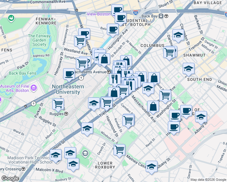 map of restaurants, bars, coffee shops, grocery stores, and more near 614 Columbus Avenue in Boston