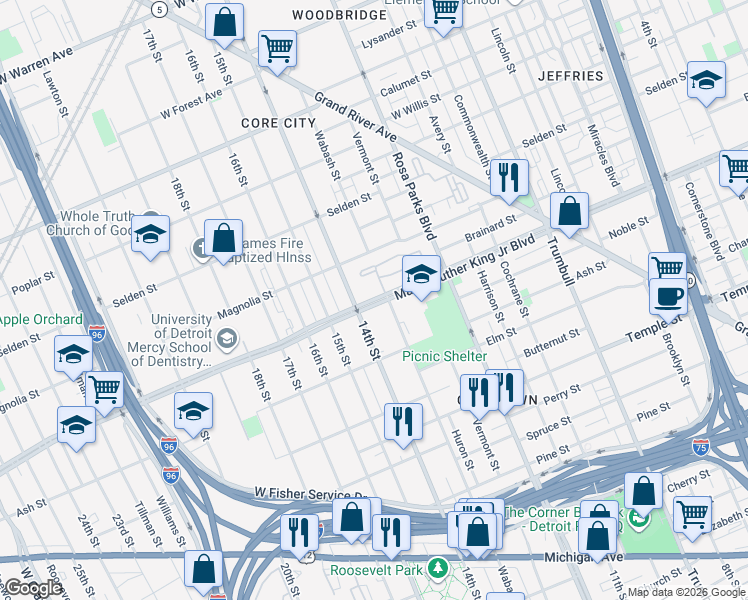 map of restaurants, bars, coffee shops, grocery stores, and more near 2140 Martin Luther King Jr Blvd in Detroit