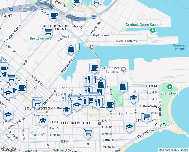 map of restaurants, bars, coffee shops, grocery stores, and more near 6 Elkins Street in Boston