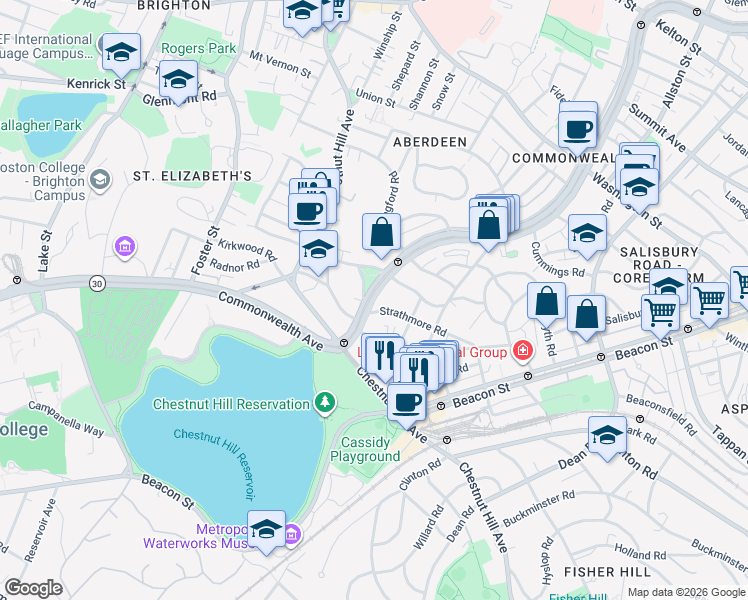 map of restaurants, bars, coffee shops, grocery stores, and more near 1848 Commonwealth Avenue in Boston