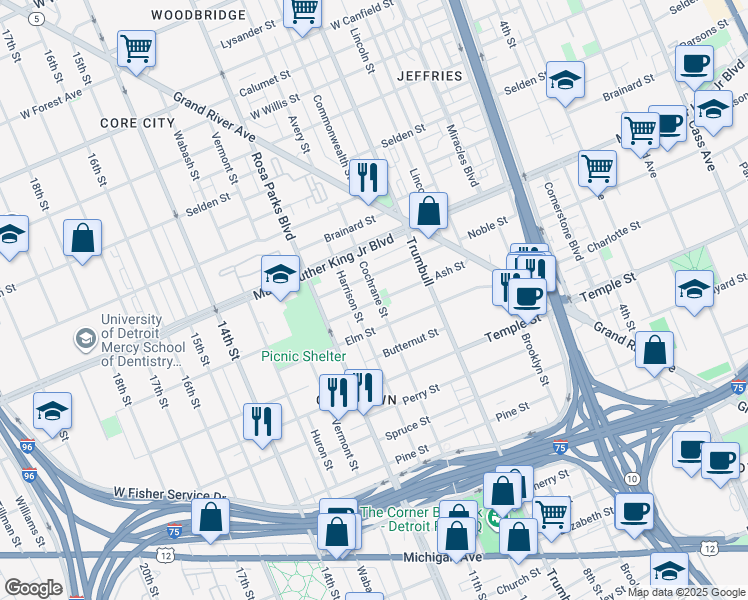 map of restaurants, bars, coffee shops, grocery stores, and more near 3130 Harrison Street in Detroit