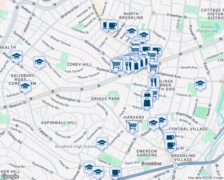 map of restaurants, bars, coffee shops, grocery stores, and more near 13 Griggs Terrace in Brookline